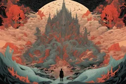 Dante's descent into the center of the twisted stygian abyss", double exposure collage art illustration, silhouette art, fantasy, vibrant dark colors, surrealism, hyperdetailed, hypermaximalist illustration by Meg Chikhani, Victo Ngai, Andreas Lie, Android Jones, expansive stygian dreamscape, weird-punk.