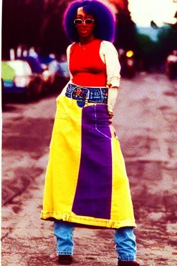 year 1996 denim fashion. Loose skirt, low waist. Colors: denim blue, blue, purple, cream, khaki, light green, lilac, plum, orange, terracotta, red, light yellow, lion yellow, pink, dark blue, beige. Gwen Stephani, Missy Elliot, Shirley Manson.