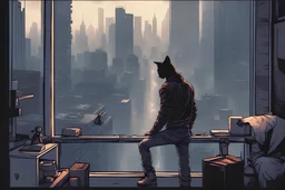 man, cyberpunk, looking out a window at the city, fog, hovering cars, comic book art style, shirt, jeans, a cat