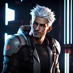 Attractive young male survivor, white hair, smiling, intense and focused, cyberpunk background, anime style, video game character, unreal engine, trending artstation, trending deviantart