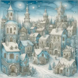 A pale light blue dreamy Christmas themed town painted by Leonardo da Vinci