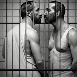 realistic, two italian prisoners 44 years old kissing in prison behind bars, dirty, ugly, bullneck, muscular chubby, in tank top, long hairs, manly chest, misery and poverty, emotive eyes, photo 50mm lens, side view, photorealistic, ultradetailed