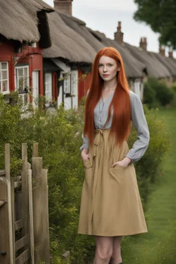 Full body and headshot of a slim young woman with long straight red hair, standing in front of a row of cottages and shops with thatched roofs