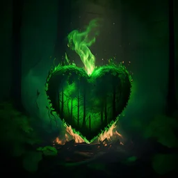 corazón verde flotando sobre fogata con fondo de bosque oscuro