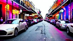 A Tesla's 'Model S Plaid' is racing at top speed, on Bourbon Street, in New Orleans. CINEMATIC. WIDE ANGLE LENS.