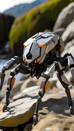 A robot-shaped backpack that climbs rocks with spider-shaped legs