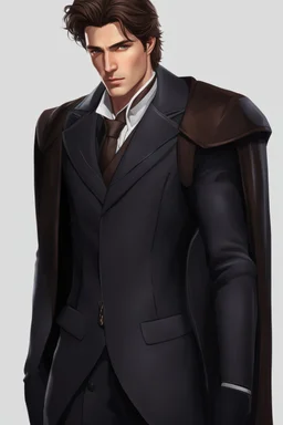 A white man, warlock in a suit, brown hair and brown eyes, fit and handsome. Realistic