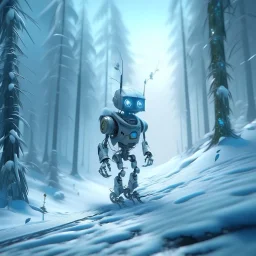 pixie robot skiing in snowy misty forest, 8k, down-light, soft light, depth of field, photo realism, trending on art station, high detail