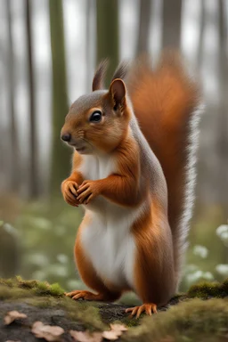 A hyper-realistic, A cute squirrel, outdoor, forest, spring, full size ,Photo Real, HOF, full size, practicality,manufacturability,performance, (((realism, realistic, realphoto, photography, portrait, realistic, elegant, charming, , professional photographer, captured with professional DSLR camera, trending on Artstation, 64k, ultra detailed, ultra accurate detailed, bokeh lighting, surrealism, Thomas Kinkade backgroun