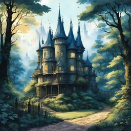 Beautiful vintage Victorian lovely castle in the forest in the lovely Illustration for beautiful fairy tale. Shows intricate lines and a detailed artistic style reminiscent of Yoshiyuki Sadamoto, Makoto Shinkai, and Yoji Shinkawa. With a victorian style The work should be done in watercolor and colored pencil, emphasizing the perfection and quality of the lines. A compelling, enticing image that captures the viewer's attention with its subtle, emotional details. Pictire made in pastel sofrt coll
