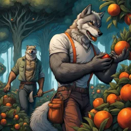 3d in body hair anthropomorphic wolf-man hybrid wearing a casual t-shirt, pants, and an orange belt, he harvests with his paws large reddish spherical fruits from a dark green bush-like plant. Behind him stands an older anthropomorphic wolf-man hybrid in t-shirt, pants and dark-orange belt. He carries a hoe in his paw. In the background, orange-red color fruits grow on other dark green bush-like plants, visible in the distance trees with thick trunks , detailed, scifi, fantasy