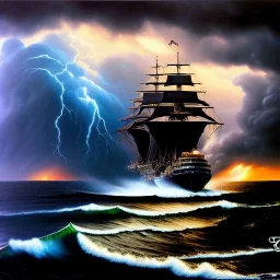 Drawing of 'Black Pearl Ship,Storm,lighting, Skull island', painting by Earl Norem, simon Bisley,frazetta,西嘛哒, evan lee, Vallejo,kelly oil on canvas, cinematic composition, extreme detail,fit full head inside picture,8k