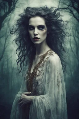 Conceptual surreal and otherworldly full body portrait photograph of a Vampire Sorceress , with highly detailed hair and facial features in the photographic style of Jerry Uelsmann, sharply focused, cross processed color image, 8k, cinematic quality