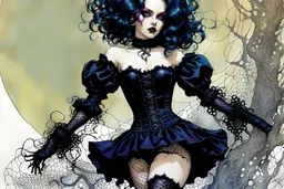 Create and fine print full body illustration of an epic fantasy Goth Girl ball jointed porcelain doll, with finely lined and detailed facial features, in a ragged gothic dress, fishnet stockings ,battered combat boots, , in the comic book style of Bill Sienkiewicz, Philippe Druillet, and Jean Giraud Moebius, precisely drawn, colored and inked