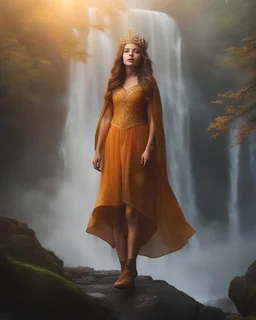 Realistic full body Photography of a beautiful girl. Child of the sun. The Queen.(hovering:1.3), (levitate:1.3). Waterfall forest covered in mist and fog, The queen has a perfectly detailed face, realistic, ((amber glowing eyes:1.5)), glowing energy forcefield, frozen human body, nature, subsurface scattering, translucent skin, glow_in_the_dark, bloom. Bioluminescent blue and transparent liquid, Leonardo Style, cool color, vibrant, volumetric light, transp