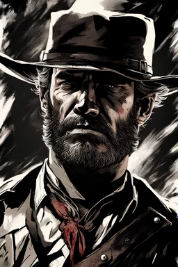 Arthur Morgan, vivid, portrait, fire, dramatic, surreal, menacing, blood, high contrast,