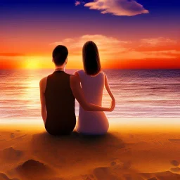 2 lovers watching the sunset sitting in the sand on a sand island