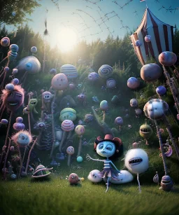 Tim burton photographer, Ultra realistic garden night scene, portrait, wide angle view :: child playing with feather pillows and sweet inflatable monsters, circus dress style, feather color, free jumping, many trinkets, hair monster, many jelly beans, balls, smile, extreme, wind, soft color, highly detailed, unreal engine 5, ray tracing, RTX, lumen lighting, ultra detail, volumetric lighting, 3d, finely drawn, high definition.