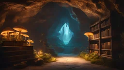 An ancient, enchanted library hidden in a cave, illuminated by soft, ethereal light from glowing fungi, 8k, high quality, trending art, trending on artstation, sharp focus, studio photo, intricate details, highly detailed, beautiful composition, chiaroscuro