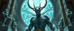 portal inter dimensional psychedelic ultimate nephilim newt coy insect cyberpunk cowboy brilliant detailed full figure portrait disco glittery fluffy muscle man dino anime in the style of Escher and Giger in front of dented marble tower of transparent glass statues
