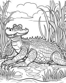 create a 2d black outline, "safari crocodile coloring book for kids ", coloring page, low details design, black contour, coloring page design, simple background, colorful , card style, coloring page for kids, white background, sketch style, cartioon style, safari landscape