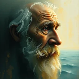 an introspective painting of an old mariner alone at sea, his beard and the ocean indistinguishable. Gentle golds and greens, brushstrokes evoke thought, memory, and dissolution. Quiet, meditative, deeply emotional. --v 7 --style ultra --ar 3:2 --q 2
