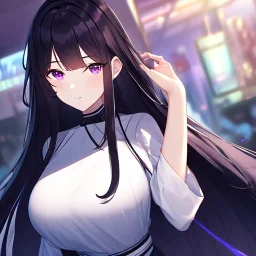 Clear focus,High resolution, Black long straight hair, and purple eyes,