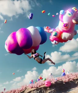 Ultra realistic speed clouds sky scene, wide angle view, sweet women falling down, inflatable color clothing, free jumping flying, many trinkets, hair monster, many jelly beans, balls, color smoke, smile, happy, circus style, extreme, wind, clouds sea, 20,000 feet altitude, stratosphere, soft color, highly detailed, unreal engine 5, ray tracing, RTX, lumen lighting, ultra detail, volumetric lighting, 3d, finely drawn, high definition, high resolution.