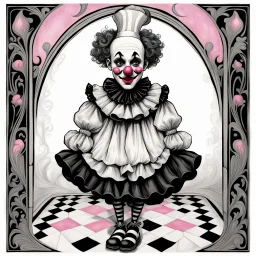 Storybook illustration of a Pierrot Clown, black and white with pink accents, Beardsely style, art nouveau elements, vintage drawing, pierrot vintage, black and white marble floor