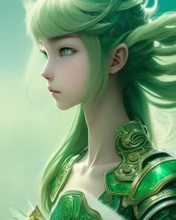 Detailed anime children girl, green hair, green dragon scale armour, intricate details, full body portrait, keep head in frame, slight smile, black Japanese motif, concept art, highly detailed, digital painting, concept art, sharp focus, illustration, art by Yoji Shinkawa, WLOP and greg rutkowski and alphonse mucha and artgerm and yanjun Chen and Junji ito and Makoto Shinkai, HDR, octane render