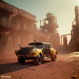 3d rendering. Steampunk futuristic yellow monster machine. Buried in desert sand. Lost in Time, dramatic lighting, anime lut, hyper realistic, cinematic lighting