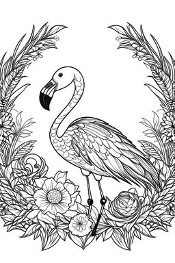 portrait of Flamingo and background fill with flowers on white paper with black outline only, style mandala