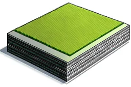 bottom half is solid section of finely groomed and uniform grass, top half is a flawless seamless single piece concrete slab, divided at small angle, simple background, isometric