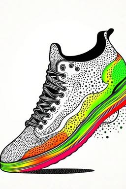 Draw the bottom of a shoe as viewed directly from the bottom. The shoe is white and made entirely from the shapes of ghosts in the style of Salvador Dali’s “the face of war”. Use no more than 4 colours.