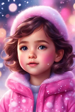 Digital painting of a cute little girl in a stylish pink jacket, front view, Anna's face, dark wavy hair, hazel eyes, rosy cheeks, pink lips, Disney art, snowfall, colorful bokeh background, digital painting style, High Quality, 4k