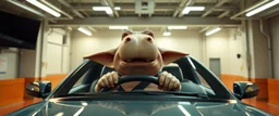 car driving happy 2d anime fluffy slimy alien hippo gremlin man in the style of Escher and Giger and Fallout 4, pinhole cam, airbrush 3d rendering, on tv screen:A five-second cinematic single take in a clean industrial presentation hall.