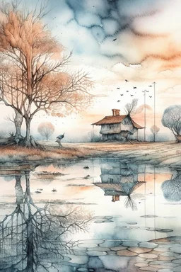 The place where the Dream and its followers live. A reflection of the sky. Watercolor, new year, fine drawing, beautiful landscape, pixel graphics, lots of details, delicate sensuality, realistic, high quality, work of art, hyperdetalization, professional, filigree, hazy haze, hyperrealism, professional, transparent, delicate pastel tones, back lighting, contrast, fantastic, nature+space, Milky Way, fabulous, unreal, translucent, glowing