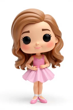 Funko figure of a very young female, smiling, medium wavy light brown hair, wearing a ballerina dress, pink dress, ballet, very cute, ballet pose,. typography, 3D render. White background