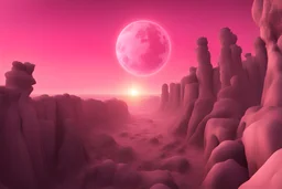 Pink sky with one planet un the sky, rocks, cliffs, vegetations