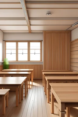 salón de clases color café claro con madera