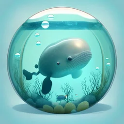 A cute little Sperm whale in a small circular fish tank.