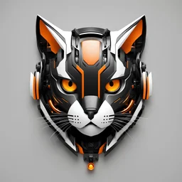 Front logo. 3D. Black, orange and white palette cyborg cat in artistic style, minimalist