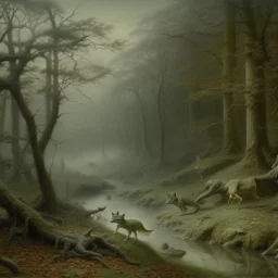 Gray woodlands with wolves, frogs, and centipedes painted by Francis Danby