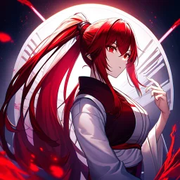 girl, masterpiece, best quality, cinematic lighting, detailed outfit, perfect eyes, red hair, red eyes, long hair, ponytail, in a modern world miko priestess, mysticism, digital painting, neon colors, sharp details,