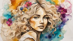 abstract art complementary colors fine details , old torn worn paper, high grain, portrait blonde , flowers in hair, acrylic, alcohol ink, fine drawing, A blonde woman in her 40s, with flowers woven into her loose, curly hair, sits in a whimsical, fairytale setting, surrounded by delicate swirling patterns reminiscent of the textures of old torn paper, in a vibrant, abstract style combining acrylic and alcohol ink techniques, with fine detailing that highlights complementary colors, in the expre