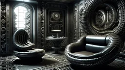 A conceptual steel living room, designed by HR Giger, intricate circles