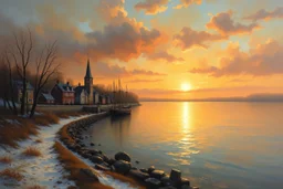 Beautiful masterful painting of a November dusk at the edge of the waterside town