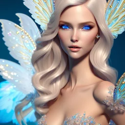 beautiful blonde fairy, blue eyes, in a magical ambiance, transparent wings, delicate colors, finely tuned detail, ultra high definition, 8 k, unreal engine 5, ultra sharp focus