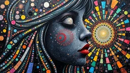 masterpiece Impasto style oil painting of creating figure full an girl the face is made of granite terrazzo motifs black with textured brush strokes, long hair is made of immersive experience, intricate and detailed, trippy psychedelic Pointillist bright, lively and colorful explosions mirrors dry, and closed eyes. Cubist granite abstract descending from a amazing stained glass spirograph sheets slanted ribbon lines, a sheets spiral geomatrical, Express live brushwork brings depth and texture to