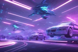 futuristic city landscape, flying cars, robots, blue and purple neon